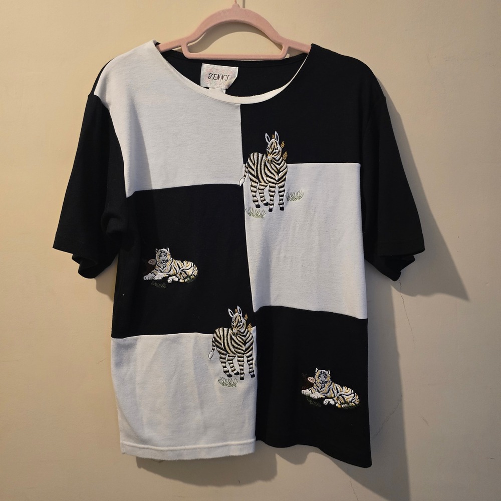 Vintage 90s Jenny Top Women Small Black White Zebra Tiger Embroidered Colorblock